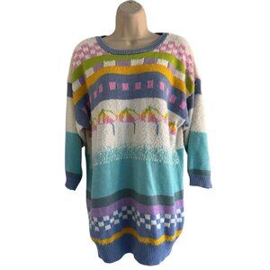 Vintage Pronto Moda 80s 90s Women's Sz L Pink Blue Striped Checkered Sweater